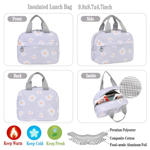 Girls Backpack Set with Lunch Box & Pencil Case, Floral Print Girls School Backpack for Elementary/Middle/High School (Grey-Daisy) - color: Grey-daisy
