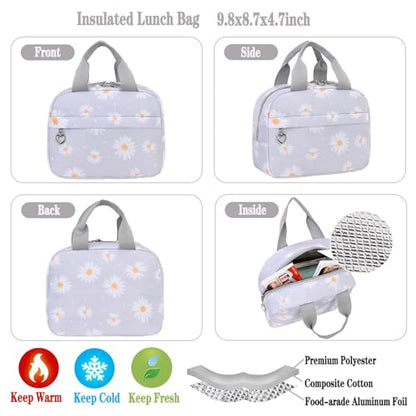 Girls Backpack Set with Lunch Box & Pencil Case, Floral Print Girls School Backpack for Elementary/Middle/High School (Grey-Daisy) - color: Grey-daisy
