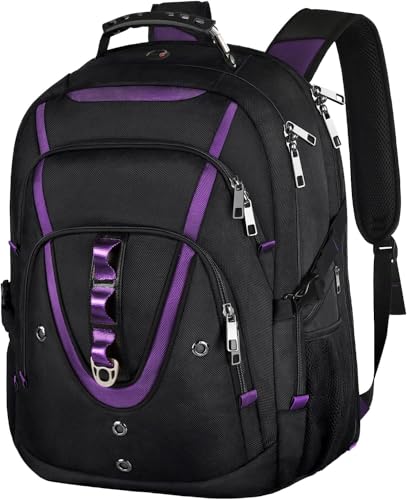 18.4 inch Travel Backpack Men Women, 55-60L Extra Large Laptop Backpack RFID Anti Theft TSA Friendly Flight Approved Backpacks, Water Resistant College School Heavy Duty, Purple - color: Black-purple, size: 18inch(21.5*16.3*9.9")