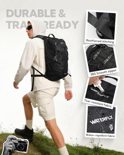 WATERFLY Small Lightweight Hiking Backpack: 20L Outdoor Daypack with Phone Pocket, Hydration Compatible, Breathable Backpanel, Multi-Compartment for Camping Trekking Travel Women Men - color: Black