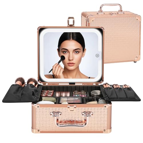 Relavel Makeup Bag with LED Mirror, Makeup Box Travel Train Case with Rechargeable Lighted Mirror, Cosmetic Brush Organizer Storage for Makeup Artists Gifts for Women and Girls, Rose Gold - color: C-Rose Gold, size: Small