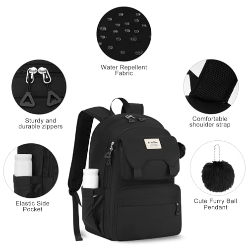 YAMTION Backpack for School,Laptop Back Pack for Girls with Multiple Pockets,Travel Backpack for Women,Teenage Bookbag with a Pencil Pouch for High School College（Black ）