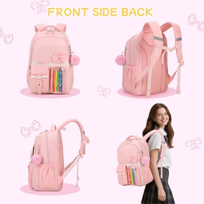 Girls Backpack, School Backpack for Girls, Cute Bow Kids Bookbag for Grils Children Teens for Elementary Middle High School Student, Pink - color: Pink