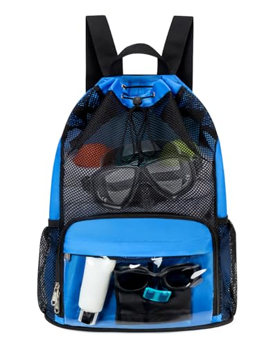 Drawstring Backpack Sandproof Beach Backpack with Shoe Compartment & Wet Pocket Waterproof Mesh Swim Bag Pool Bag for Gym, Travel and Workout Gear (Blue) - color: Blue