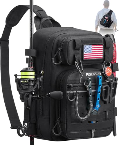 Piscifun Fishing Backpack Tackle Bag with 2 Rod Holders, Multi-Compartment Storage, MOLLE System, Water-Resistant Lightweight Outdoor Pack - color: Single Shoulder - Black, style: Standard