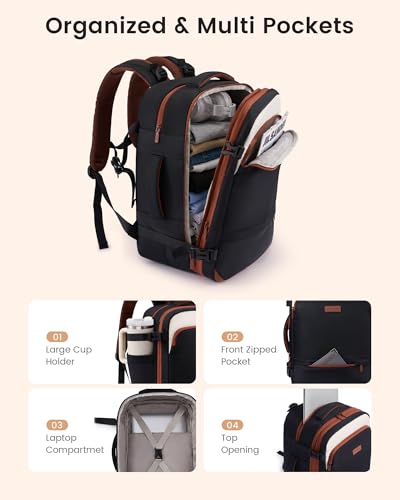 LOVEVOOK Carry On Backpack for Women & Men, Travel Backpack Carry On Flight Approved, 55L Personal Item Travel Bag, Business Weekender Overnight with Cup Holder & 2 Cubes, 18 Inch Black-beige-brown - color: Black-beige-brown, size: 55l-18 Inch-3pcs