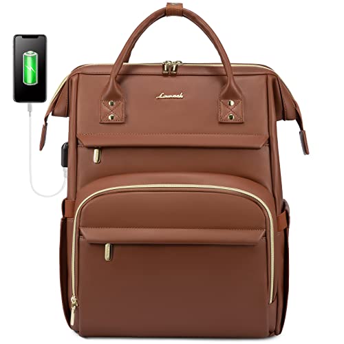 LOVEVOOK Leather Laptop Backpack for Women 15.6 inch,Travel Purse Nurse Teacher Carry On Backpack Computer Bag,Professional College Business Work Bags with USB Port,Brown - color: Brown, size: 15.6 Inch