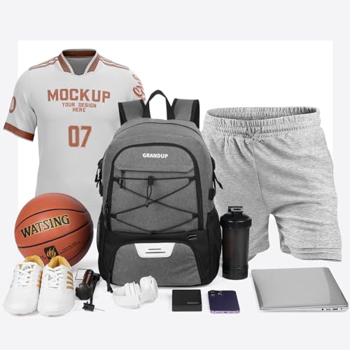 GRANDUP Basketball backpack with ball and shoes compartment Fit Volleyball, soccer, Swim, Gym, Travel, and School, large capacity sports training equipment bags - color: Grey tow ton