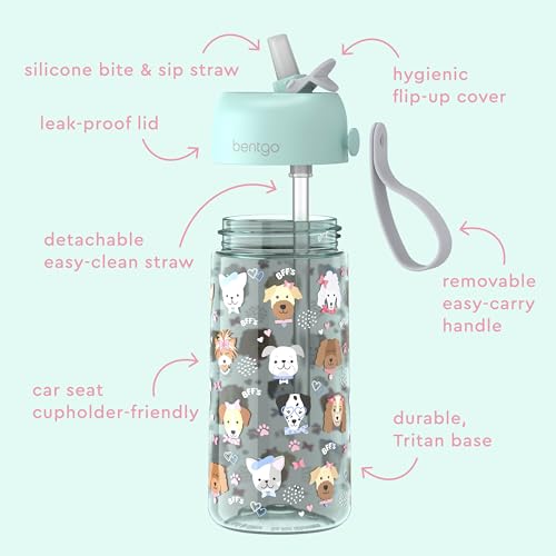 Bentgo Kids Water Bottle - Leak-Proof, Durable Tritan PFAS- & BPA-Free 15 fl oz, Kids/Toddlers Ages 3+ for School & Sports; Bite & Sip Spout, Carrying Handle, Dishwasher Safe (Puppy Love) - color: Puppy Love