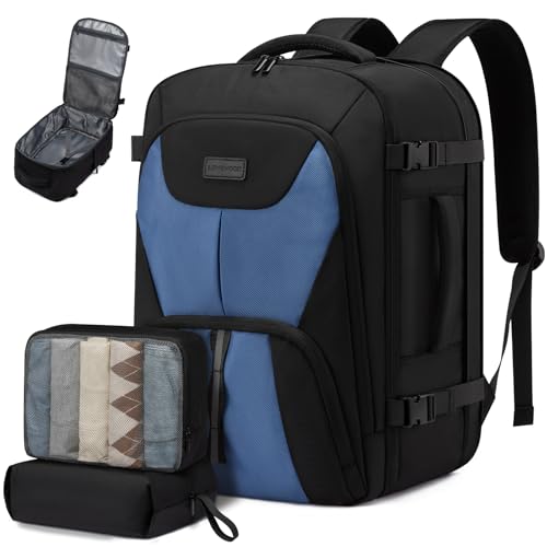 LOVEVOOK Travel Backpack,Expandable 50L Extra Large Travel Backpack for Men & Women,Carry on Backpack for Airplanes with 2 Packing Cubes, TSA Personal Item Travel Bag fits 18 inch Laptop - color: Black-blue, size: 50L-3Pcs