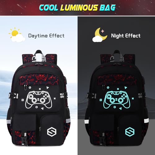 Scothen Boys Backpack, Cool Luminous School Backpacks for Boys with Lunch Bag Pencil Case, Kids Backpack Kindergarten Elementary Middle School Book Bags for Teen Boy Children with USB Charging Port - color: Red Pattern