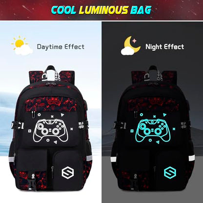 Scothen Boys Backpack, Cool Luminous School Backpacks for Boys with Lunch Bag Pencil Case, Kids Backpack Kindergarten Elementary Middle School Book Bags for Teen Boy Children with USB Charging Port - color: Red Pattern
