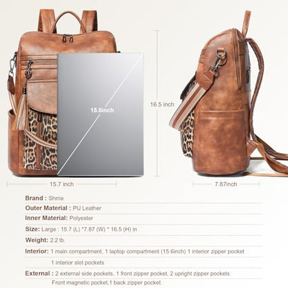 Shrrie Laptop Backpack for Women 15.6 inch,Travel Leather Backpack Purse Nurse Teacher Carry on Backpack Computer Bag,Professional Water-Resistant College Business Work Casual Daypack,Two-tone Maroon - color: Brown With Leopard