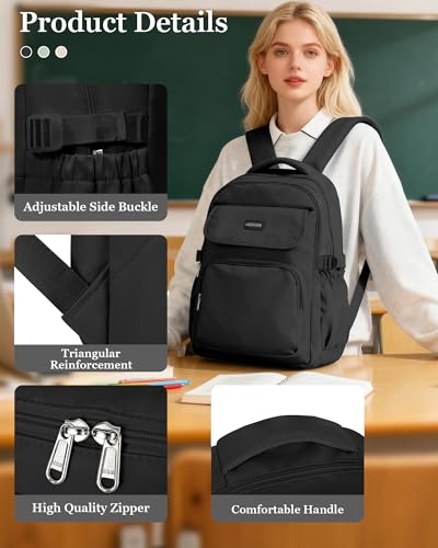Simple Aesthetic Black Backpacks For School,Lightweight Casual College Backpack Women,Travel Laptop Daypack Men,Waterproof Middle School Book bag For Teens Boys Girls - color: A1-black