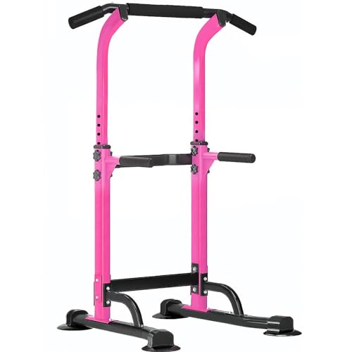 SogesPower Power Tower Dip Station Pull Up Bar for Home Gym Adjustable Height Strength Training Workout Equipment,Pull Up Bar Station - color: Pink