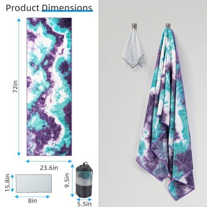 YESLIFE Non-Slip Extra Thick Hot Yoga Towel with One Sweat Towel, Microfiber Sweat Absorbent Yoga Mat Towel with Grip Dot, Pilates Mat, 72" x 24", Green&Purple - color: Green&purple