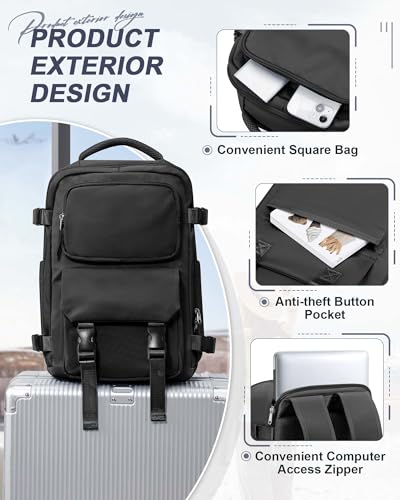 SEAFEW Black Travel Backpack for Women Men, Carry on Backpack Flight Approved Item Bag, Casual Daypacks Cabin Bagage, Hiking Backpack Lightweight Rucksack, Business Laptop Backpack Small