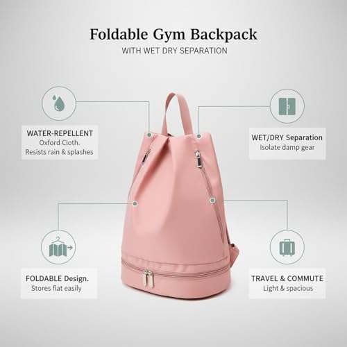 Foldable Gym Backpack with Wet/Dry Separation, Water-Resistant Oxford Sports Bag for Travel & Commute - color: Pink