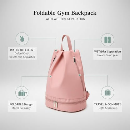 Foldable Gym Backpack with Wet/Dry Separation, Water-Resistant Oxford Sports Bag for Travel & Commute - color: Pink