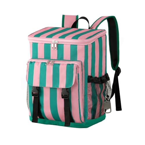 DYSHAYEN Cooler Backpack,Lightweight Backpack Cooler Insulated Leak Proof,30 Cans Soft Cooler Bag for Beach,Camping,Beach,Picnic,Lunch - color: Green and Pink Stripe