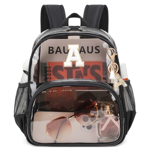 PIG PIG GIRL Clear Backpacks for Stadium Events Approved 12×6×12 Clear Bookbag for Women Mini Transparent Letter Back Pack, Semi-black, Letter-A - color: Semi Black, style: A