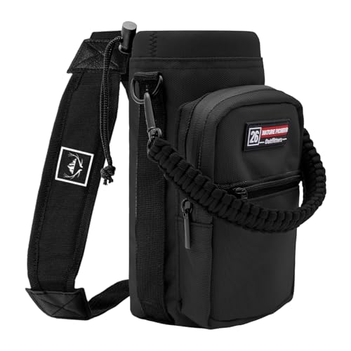 NATURE PIONEOR Water Bottle Holder with Adjustable Strap - 26/32/36/40/46/64oz Insulated Water Bottle Sling Carrier with Paracord Handle & 2 Pockets, Outdoor Sports, Hiking, Camping, Gym - color: Black, size: 18-26oz