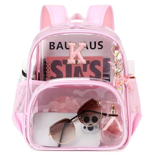 PIG PIG GIRL Clear Backpacks for Stadium Events Approved 12×6×12 Clear Bookbag for Women Mini Transparent Letter Back Pack, Pink, Letter-K - color: Pink, style: K