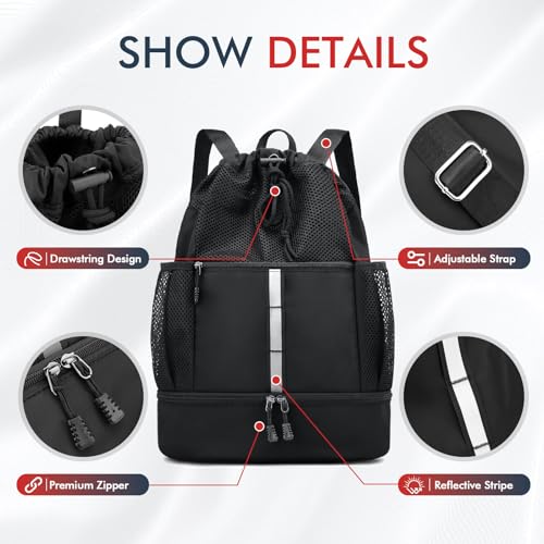 PinCute Drawstring Gym Bag for Men/Women - Mesh Beach Swim Bags Sports Backpack with Wet Pocket&Shoe Compartment, Lightweight - color: Black