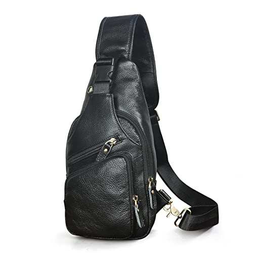 Le'aokuu Men Fashion Casual Tea Designer Travel Hiking Crossbody Chest Sling Bag Rig One Shoulder Strap Bag Men Leather 8015 | Fashion - color: X Black
