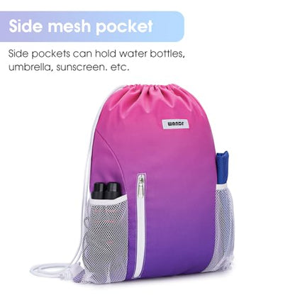 WANDF Drawstring Backpack Sports Gym Sackpack with Mesh Pockets Water Resistant String Bag for Women Men (Rose Red) - color: Rose Red