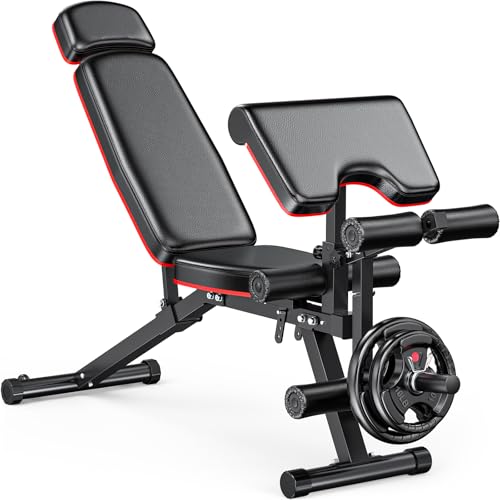 XDDIAS Workout Bench, Adjustable Weight Bench with Leg Extension and Leg Curl, Extended Headrest, 900LBS Preacher Curl Bench Incline Decline Flat Workout Bench for Home Gym Full Body Exercise - color: Black+ PU