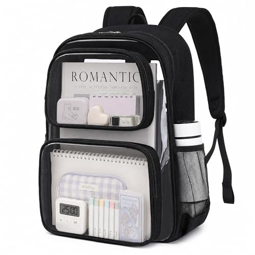 Sisipoet Clear Backpack for School, Heavy Duty Transparent Bookbag with Oxford Fabric Side Panels, Large PVC Backpack for Girls Teens Women Men Students College Work Stadium Events Concert - color: Black
