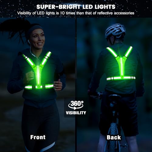 Fokia Kunbio LED Reflective Running Vest Gear,Light Up Vest Runners Night Walking USB Rechargeable,Up to 11hrs Light with Adjustable Waist/Shoulder for Women Men Kids - color: Green