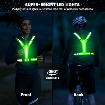 Fokia Kunbio LED Reflective Running Vest Gear,Light Up Vest Runners Night Walking USB Rechargeable,Up to 11hrs Light with Adjustable Waist/Shoulder for Women Men Kids - color: Green