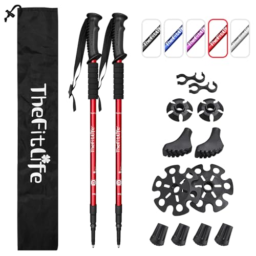 TheFitLife Nordic Walking Trekking Poles - 2 Sticks with Anti-Shock and Quick Lock System, Telescopic, Collapsible, Ultralight for Hiking, Camping, Mountaining, Backpacking, Walking, Trekking - color: Red