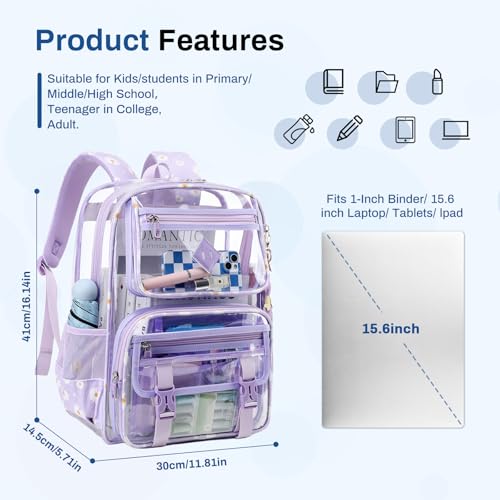 Sisipoet Clear Backpack for School, PVC Clear Bookbag Heavy Duty Transparent Backpack for Stadium Events See Through Bag - color: Purple Daisy