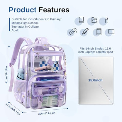 Sisipoet Clear Backpack for School, PVC Clear Bookbag Heavy Duty Transparent Backpack for Stadium Events See Through Bag - color: Purple Daisy