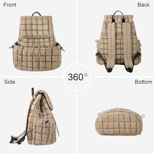 XSUIOY Quilted Backpack Purse for Women Small Lightweight Puffer Puffy College Laptop Backpack Nylon Casual Bookbag Daypack Top Flap Drawstring Padding Hiker Travel Gym Backpack(Khaki) - color: Khaki