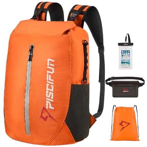Piscifun Dry Bag Waterproof, Lightweight Dry Backpack Roll-Top Sealed with Waist Pouch and Phone Case Keeps Gear Dry Inside for Kayaking, Boating - color: Orange, size: 20L