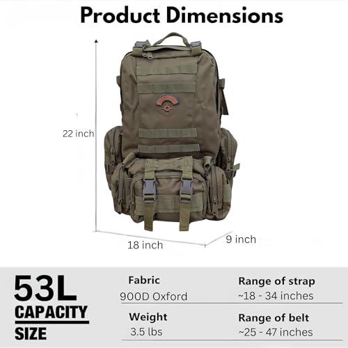 Hunter3 53L Backpack – Waterproof 900D Oxford Material with Molle System, Heavy Duty Outdoor Bag (Tan) - color: Tan