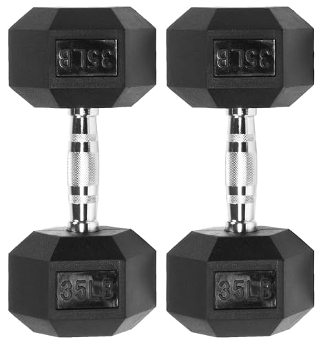 Fitvids Rubber Encased Hex Dumbbell – 35LB – 35LB Pair – Black