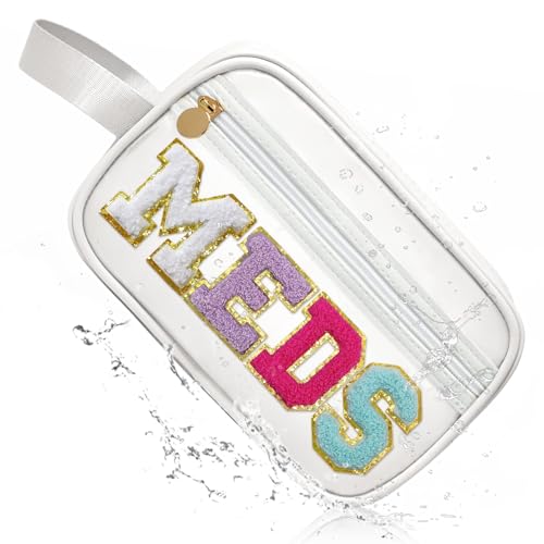 COSHAYSOO Clear MEDS Bag Travel Medicine Zipper Pouch Small Medication Drug Pills Storage Case, Preppy Cute Cruise Air Car Traveling Essentials Accessories Organizer Easter Gift for Women Teen Girls - color: White-meds