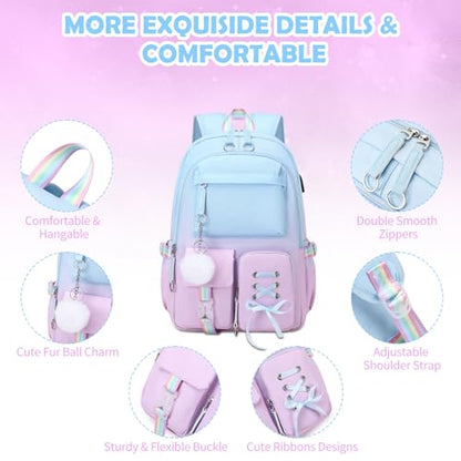ACESAK Backpacks for Girls, Girls Backpack with Lunch Box and Pencil Case for Teen Kids Elementary Middle High School College Student, Children Backpack Bookbag with USB Charging Port (Blue-purple) - color: Blue-to-purple Gradient