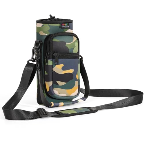 Nuovoware Water Bottle Carrier Bag, Premium Neoprene Portable Insulated Water bottle Sling Holder Bag 500ml/750ml/1000ml with Adjustable Shoulder Strap for Men Women Hiking, Sling Bottle Case - color: Camouflage Green, size: 25-32 Ounces - Standard