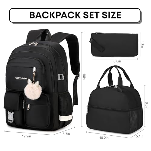 3PCS School Backpack For Student Women College Middle High Teen Girls Bookbag Waterproof Laptop Bag Black - color: Black