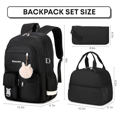 3PCS School Backpack For Student Women College Middle High Teen Girls Bookbag Waterproof Laptop Bag Black - color: Black