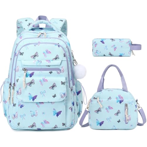 Bevalsa Backpack for Girls, 3PCS Corduroy Kids Backpack Set with Lunch Box & Pencil Pouch, Bookbag Daypack Laptop Bag for Women Teens Elementary Middle High School - color: Green Butterfly