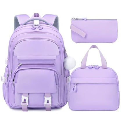 GeeWin Girls Backpack, 15.6" Laptop Backpack Schoolbag for Girls Teens Kid Children Elementary Middle School Student, Waterproof Stylish Girl Bookbag with Insulated Lunch Bag & Pencil Bag (Purple) - color: Purple Buckle