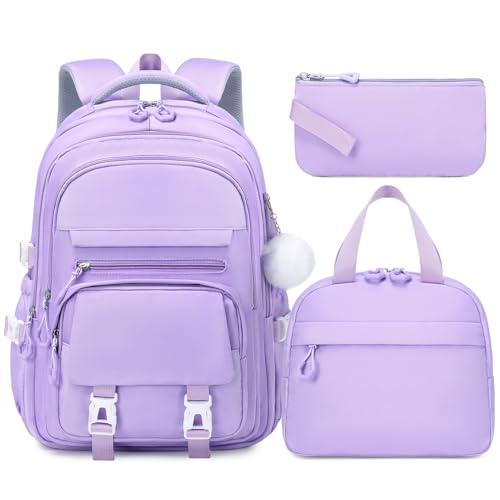 GeeWin Girls Backpack, 15.6" Laptop Backpack Schoolbag for Girls Teens Kid Children Elementary Middle School Student, Waterproof Stylish Girl Bookbag with Insulated Lunch Bag & Pencil Bag (Purple) - color: Purple Buckle