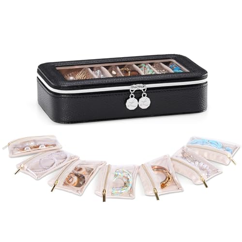 Lolalet 8 in 1 Travel Jewelry Case with Velvet Pouches, Clear Window Travel Jewelry Organizer Bags for Earrings, Bracelets, Necklaces and Rings, Compact Jewelry Storage for Women Girls- Black, 7PCS - color: Black, size: 1 Box + 7 Pouches